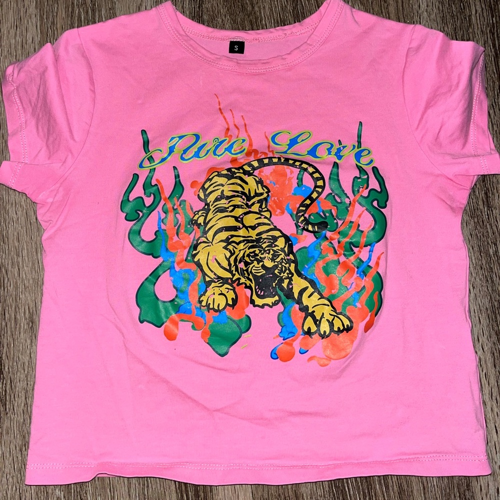 Pink Babydoll Style Crop Top with Tiger Graphic